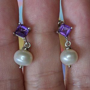 Sterling silver pearl & purple square earrings